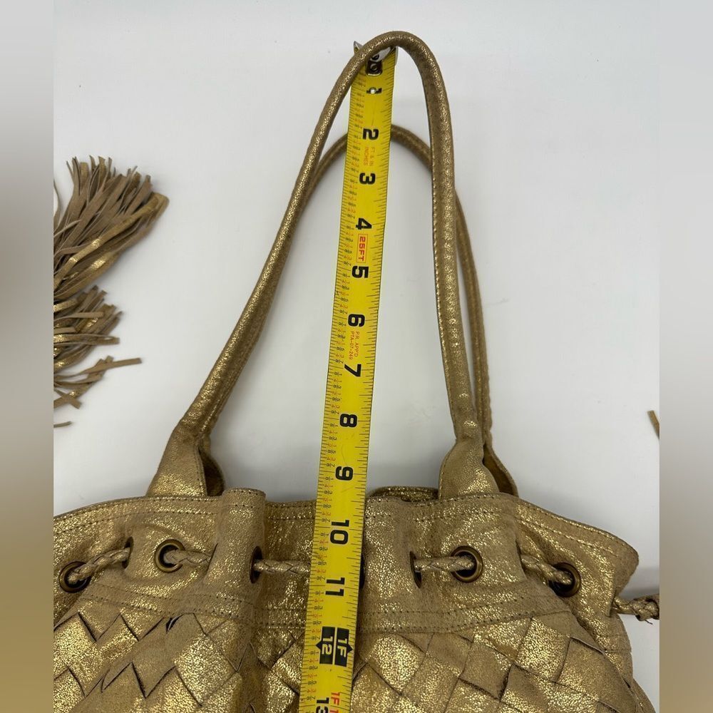 Gold Metallic Genuine Suede Boho Hobo Shoulder Bag w/ Tassels and Woven Leather - Picture 6 of 11